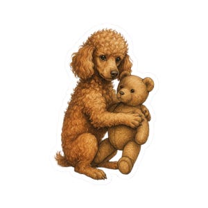 Poodle and Teddy Bear Pen Ink Illustration Dog Sticker | Cute Funny Laptop Water Bottle Car Window Bumper Sticker