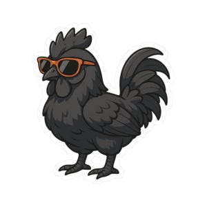 Cool Ayam Cemani Rooster Sunglasses Cartoon Art Bird Sticker | Cute Funny Laptop Water Bottle Car Window Bumper Sticker