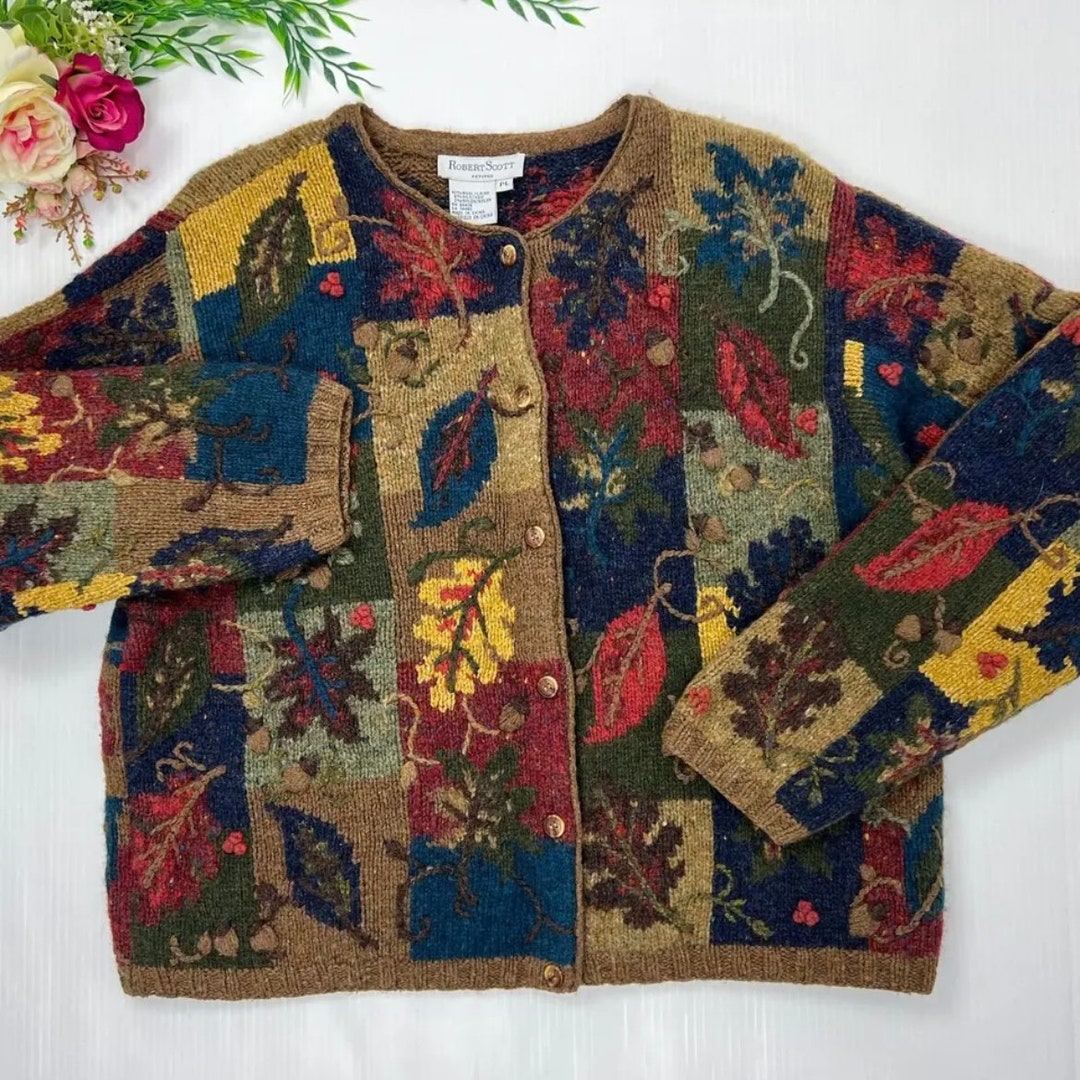 Robert Scott Wool Silk Blend Fall Leaves Cardigan Sweater Etsy