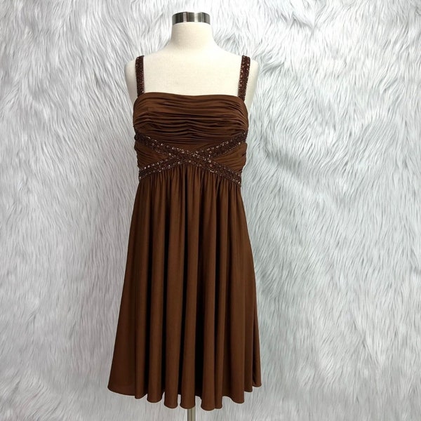 Caché VTG Womens Sz 10 Brown Beaded Sleeveless Ruched Cocktail Dress Lined