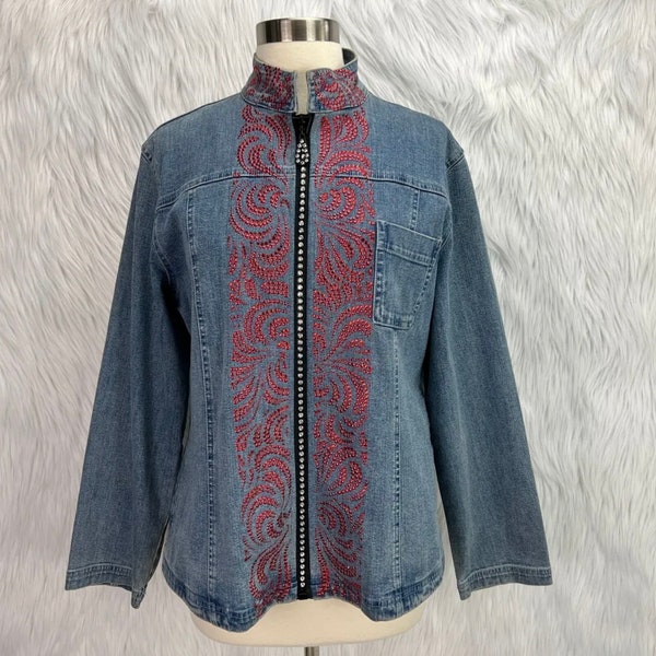 Christine Alexander Vintage Y2K Women's Size M Swavorski Crystal Full Zip Denim Jacket