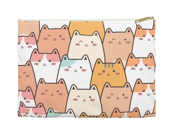 Leuk kattenaccessoirezakje, kattenherhalingsillustratie, cosmetica en accessoires reisetui, Kawaii kattencosmeticatas, kattenzakje witte ritssluiting