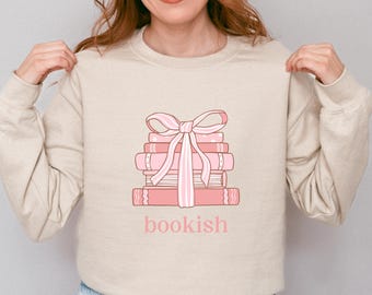 Bookish girlie roze boeken trui, roze strik en boeken trui, cadeau voor boek en romantiek liefhebber, gezellige trui boeken lezen