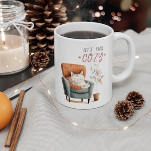 Cozy Cat Winter Mug, Cute Cat Mug, Christmas lover gift, Whimsical cat gift mug, Cat Lover festive gift mug, Stay Cozy Mug