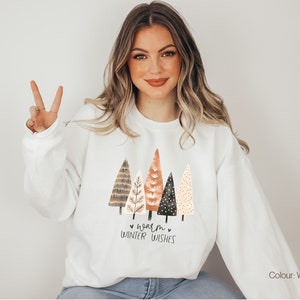 Warm Winter Wishes, Hygge Christmas Crewneck Sweatshirt, Cozy Season Sweater in Boho Colours, Whimsical Winter Trees Sweatshirt