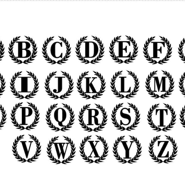 Laurel wreath with monogram letter of last name alphabet bundle svg dxf png/Monogram SVG DXF PNG/Laurel Roman Monogram Alphabet 26 cut files