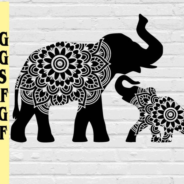 Elephant mom and baby mandala svg png eps dxf pdf jpg/elephant svg/elephant mandala svg/baby elephant mandala svg/elephant zentangle svg