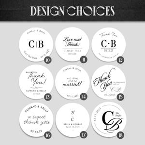 May include: A collection of nine circular white stickers labelled 10 through 18, featuring black typography and monograms for wedding stationery. Each sticker displays unique text layouts including names Conrad and Belly, dates, and phrases like Thank You.