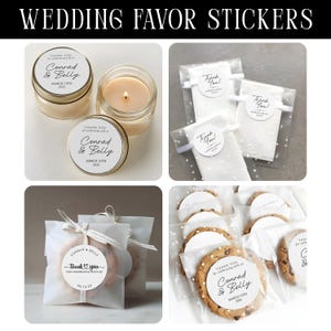 May include: Round white wedding favour stickers with black text reading Thank You for celebrating with us, Conrad & Belly, and March 13th 2025. The stickers are shown applied to candle lids, translucent polka dot bags, and cookie packaging.