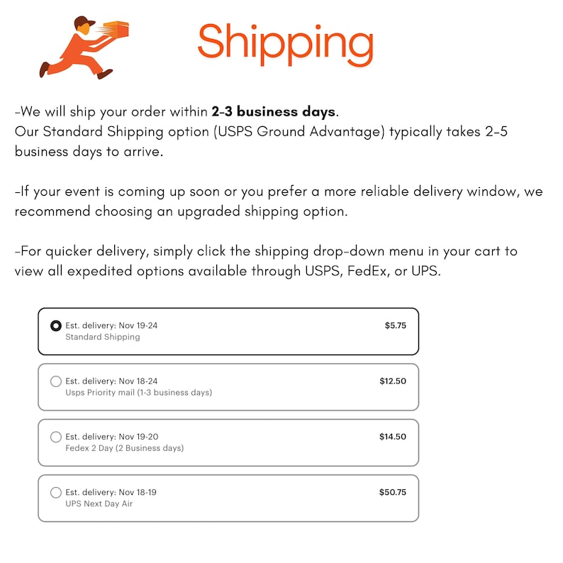 May include: An informational graphic titled Shipping featuring an orange icon of a person running with a package. The text outlines order processing times, standard shipping durations, and delivery options including USPS, FedEx, and UPS services.