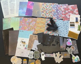 May include: A collection of colorful patterned papers, including floral, galaxy, and geometric designs. There are also several black and white illustrations, including a feather, a bird, and a plant. The papers are arranged on a black surface. To Do.