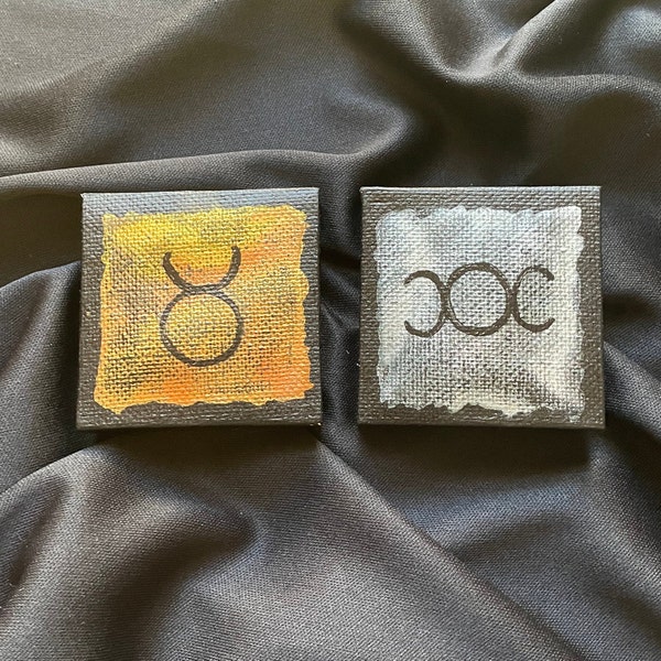 Set of horned god and triple goddess symbols metallic watercolor on black canvases 2" x 2"