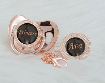 Black & Rose Gold Custom Pacifier with Personalized baby's name Gift set with Clip.