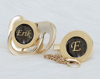Black & Gold Custom Pacifier with Personalized baby's name Gift set with Clip.