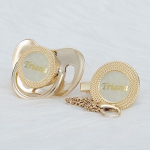 Pearl & Gold Custom Pacifier with Personalized baby's name Gift set with Clip.