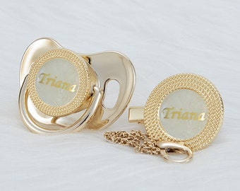 Pearl & Gold Custom Pacifier with Personalized baby's name Gift set with Clip.