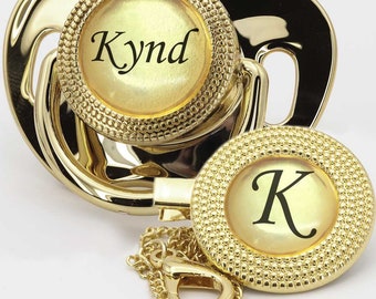 Gold Custom Pacifier with Personalized baby's name Gift set with Clip.