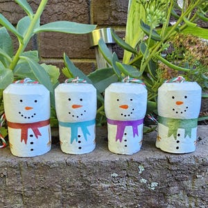 4 Snowmen Champagne Style Cork Ornaments with Scarves