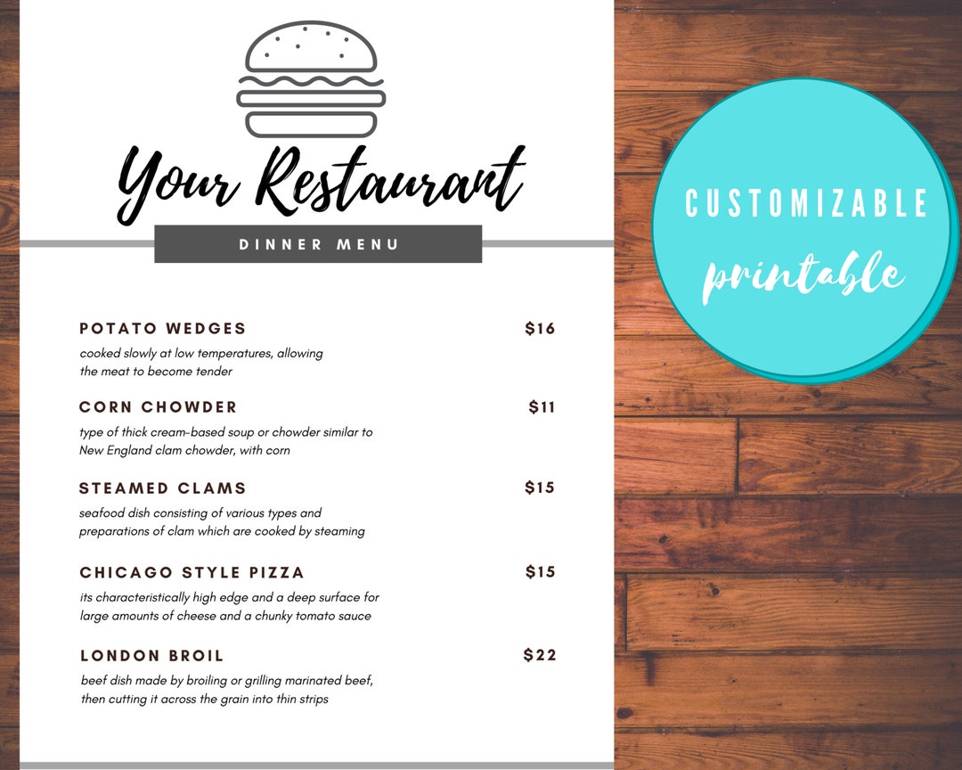 Black &amp; White Printable Menu - Etsy