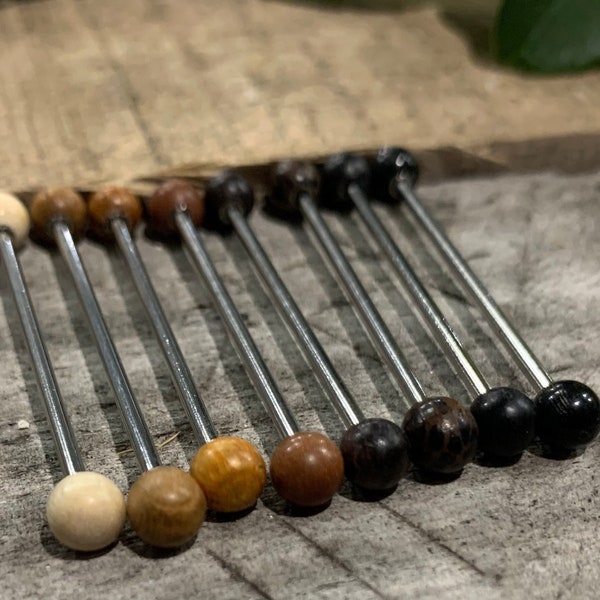 Organic Industrial Barbell 5mm Wood Balls on 14G (1.6mm) 316L Stainless Steel Body Piercing Long Scaffold Cartilage Earring