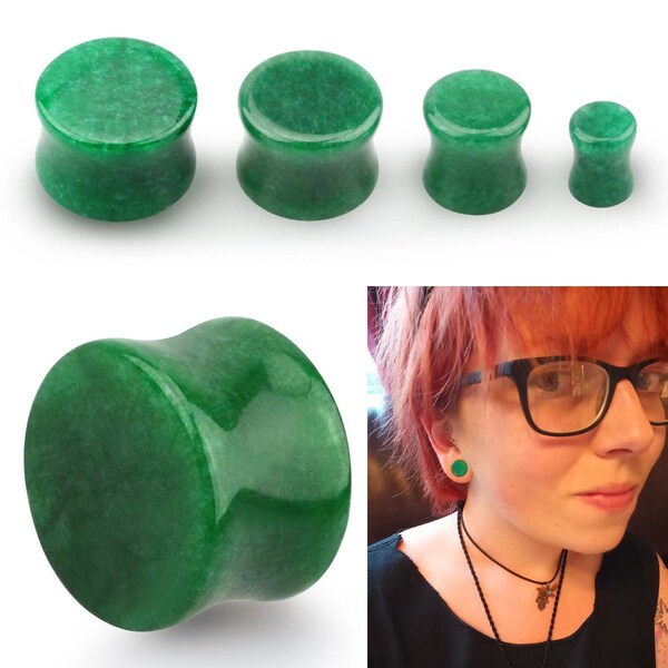 Natural Green Jade Double Flared Organic Stone Saddle Ear Plugs Gauge Earrings