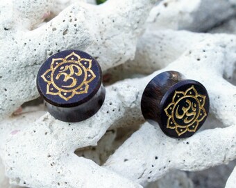 Sono Wood Ohm Symbol With Lotus Flower Double Flare Plugs 8mm 0G 10mm 00G 12mm 1/2" 14mm 9/16" 16mm 5/8" 18mm 11/16" 20mm 13/16"