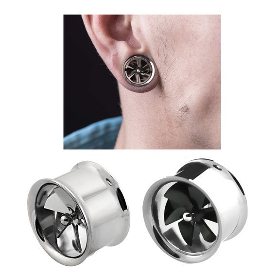 Pair 316L Steel Ear Tunnels W spinning Internal Fan Earring Plugs