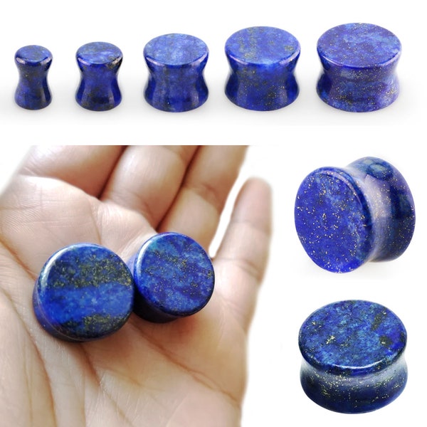 Natural Blue Lapis Lazuli Double Flared Organic Stone Saddle Ear Plugs Gauge Earrings