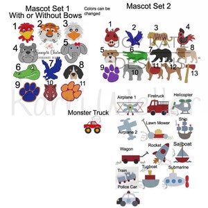 May include: Two sets of embroidery designs. The first set features 11 mascot designs, including a rooster, tiger, duck, bulldog, elephant, alligator, bird, dog, paw print, boar, and another paw print. The second set features 13 vehicle designs, including an airplane, firetruck, helicopter, lawn mower, ship, airplane, wagon, rocket, sailboat, train, police car, tugboat, and submarine.
