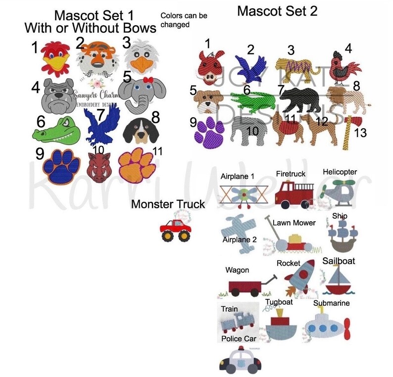 May include: Two sets of embroidery designs. The first set features 11 mascot designs, including a rooster, tiger, duck, bulldog, elephant, alligator, bird, dog, paw print, boar, and another paw print. The second set features 13 vehicle designs, including an airplane, firetruck, helicopter, lawn mower, ship, airplane, wagon, rocket, sailboat, train, police car, tugboat, and submarine.