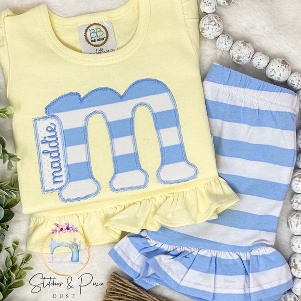 Girls Monogram Shirt Outfit/Personalized Yellow/Blue Summer Set/Monogram/Stripe Ruffle Short Outfit/Toddler Monogram Shirt/Spring Shirt