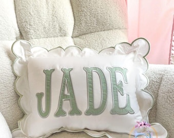 Scallop Pillow Sham/Monogram Nursery Pillow/Personalized Baby Gift/Bow Pillow/College Monogram Pillow/Decorative Throw/Monogram Pillow Sham