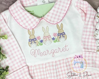Baby Girl First Easter Outfit/Monogrammed Personalized Footie/Bunnies with Flowers/Baby Shower Gift/Newborn/Embroidered Romper/Sleeper