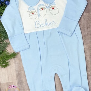 Baby Boy First Christmas Outfit/Monogrammed Personalized Footie/Santa Trio Christmas/Baby Shower Gift/Newborn/Embroidered Romper/Sleeper
