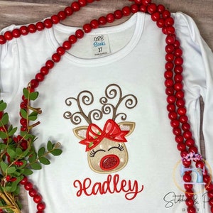Girls Fancy Reindeer with Bow-Cute Christmas Personalized Shirt-Personalized Shirt-Applique Shirt