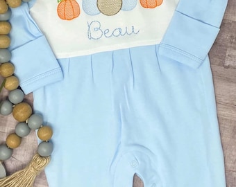 Baby Boy First Thanksgiving Outfit/Monogrammed Personalized Footie/Turkey, Pumpkin/Baby Shower Gift/Newborn/Embroidered Romper/Sleeper