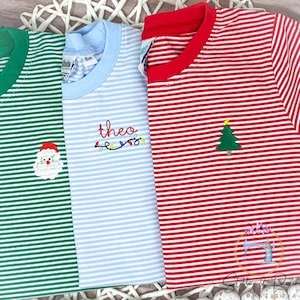 Boys Christmas Mini and Monogram Shirt/Monogram Santa, Christmas Tree Shirt/Personalized/Mini Reindeer Shirt/Youth Embroidered Stripe Shirt