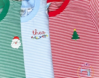 Boys Christmas Mini and Monogram Shirt/Monogram Santa, Christmas Tree Shirt/Personalized/Mini Reindeer Shirt/Youth Embroidered Stripe Shirt