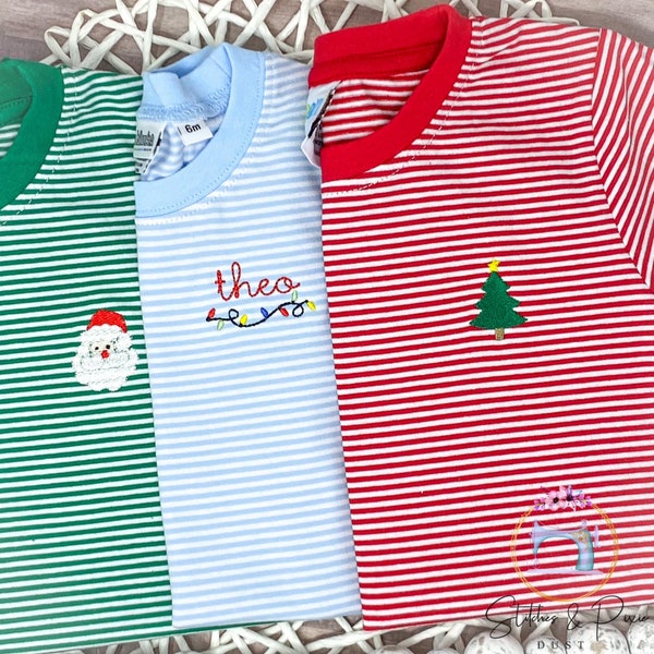 Boys Christmas Mini and Monogram Shirt/Monogram Santa, Christmas Tree Shirt/Personalized/Mini Reindeer Shirt/Youth Embroidered Stripe Shirt