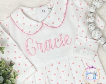 Baby Girl Outfit/Monogrammed Personalized Footie/New Baby/Baby Shower Gift/Newborn/Embroidered Romper/Sleeper/Announcement Photos