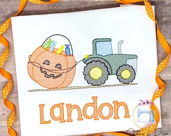 Boys Halloween Shirt Tractor pulling Pumpkin w/ Candy/Halloween Outfit/Halloween Shirt/Personalized Shirt/First Halloween/Embroidered Shirt