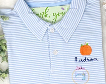 Fall Thanksgiving Boys Mini and Monogram Collar Shirt/Monogram Pumpkin Patch Shirt/Personalized/Mini Pumpkin Shirt/Youth Pullover/Embroider