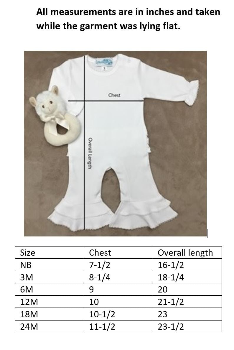 May include: A white baby onesie with ruffled legs and long sleeves. The onesie is laid flat and measured for size. The measurements are listed in a table below the onesie. The table shows the size, chest measurement in inches, and overall length in inches.
