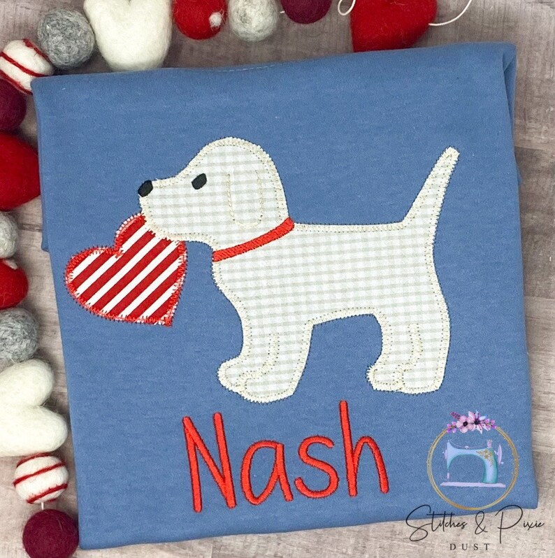 Boys Valentine Day Shirt/Puppy with Heart Shirt/Monogram Shirt/Valentine Personalized Shirt/First Valentine Day Shirt/Applique Shirt image 1