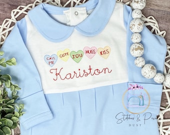 Baby First Valentine DayOutfit/Monogrammed Personalized Footie/Conversational Hearts/Baby Shower Gift/Newborn/Embroidered Romper/Sleeper