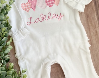 Baby Valentine's Day Outfit/Monogrammed Personalized Romper/Bow Heart Banner on Romper/Newborn Pictures/Monogrammed Embroidered Romper