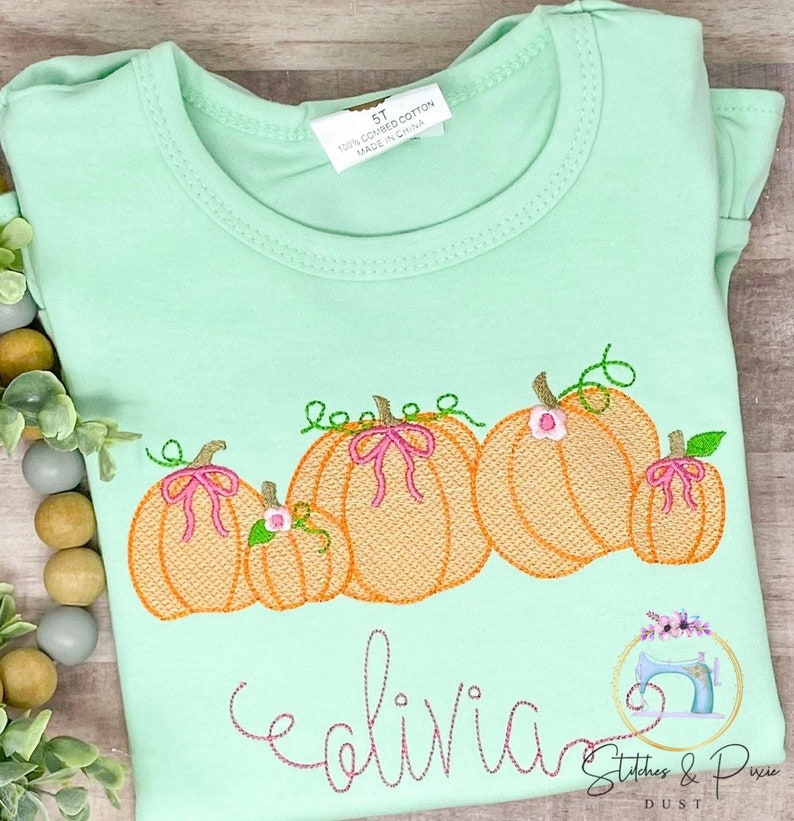 Girls Thanksgiving Shirt Pumpkins with Bows/Thanksgiving Outfit/Pumpkin Patch Shirt/Personalized Shirt/Embroidered Shirt/First Thanksgiving bild 1