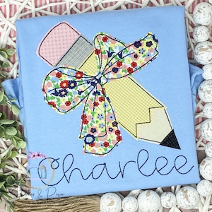 Girls Personalized Pencil and Name Shirt/Back to School Shirt/Big Bow Shirt/Personalized Shirt/Applique Embroidered Shirt