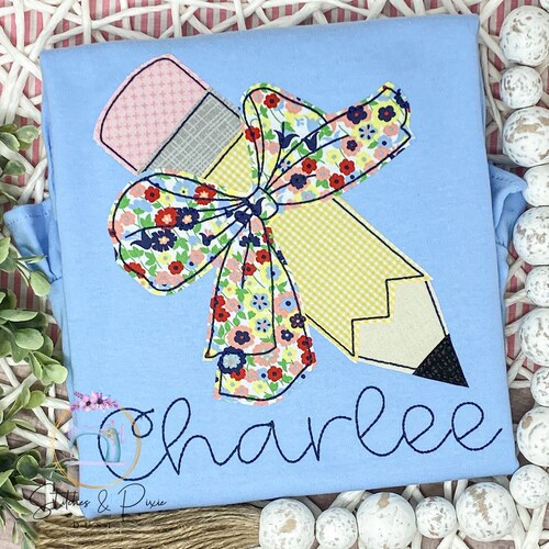 Girls Personalized Pencil and Name Shirt/Back to School Shirt/Big Bow Shirt/Personalized Shirt/Applique Embroidered Shirt