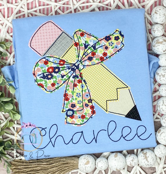 Girls Personalized Pencil and Name Shirt/Back to School Shirt/Big Bow Shirt/Personalized Shirt/Applique Embroidered Shirt